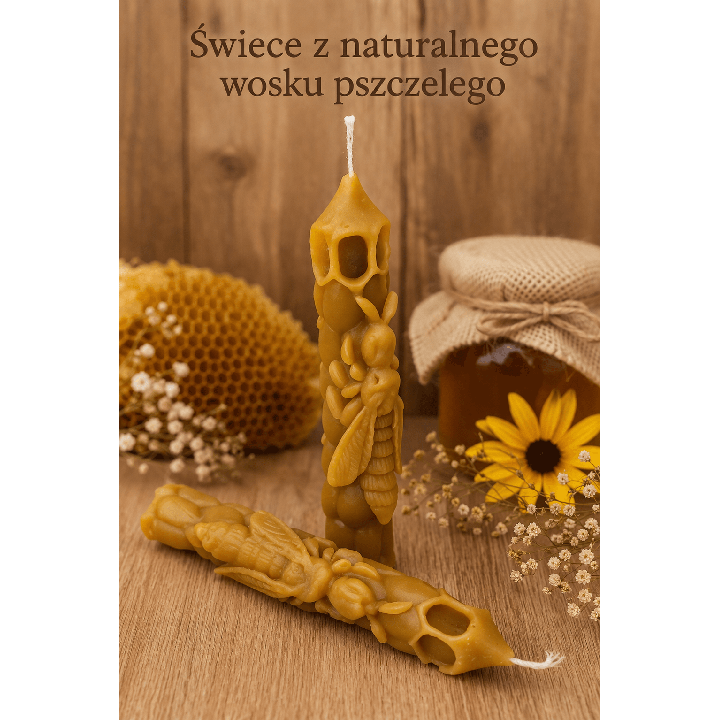 Świece z naturalnego wosku pszczelego – świeca ozdobna z motywem pszczelim